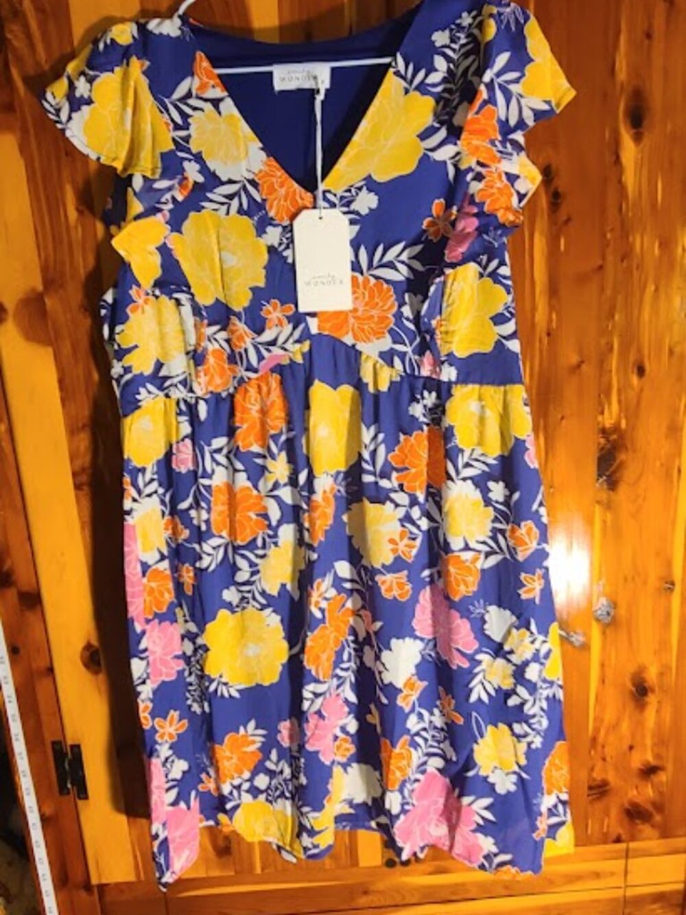 NWT Emily Wonder Floral Flutter Sleeve V-Neck Mini Dress Blue Yellow Orange